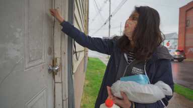 Arati Kreibich, a Democrat running for Congress in New Jersey’s fifth congressional district, drops off hot meals and groceries for seniors amid the coronavirus disease (COVID-19) outbreak in Paterson