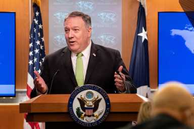 U.S. Secretary of State Mike Pompeo speaks to the media at the State Department in Washington