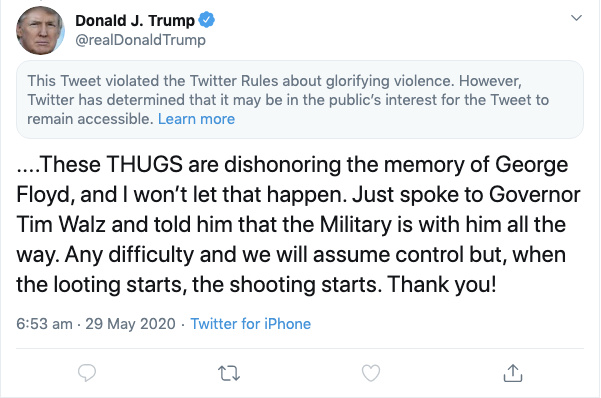 Twitter hides president's tweet 'glorifying violence' during Minneapolis riots 2