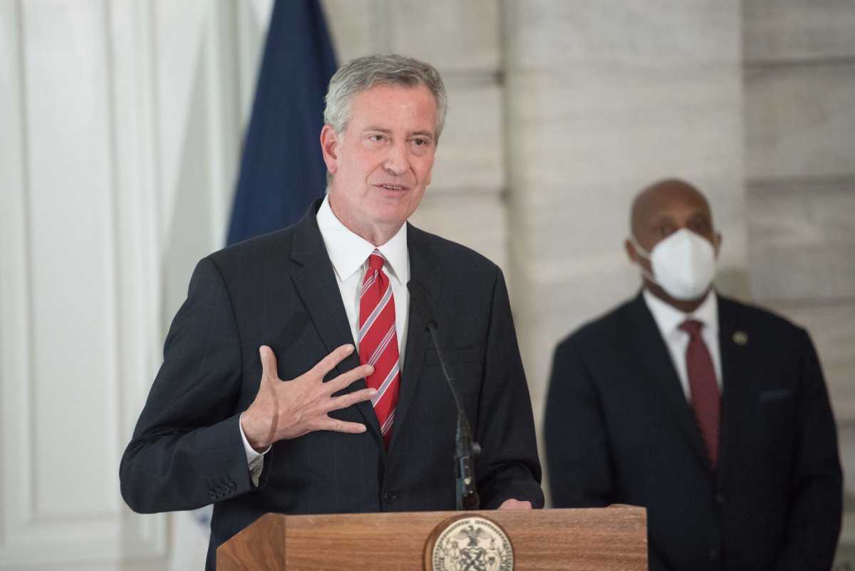 Mayor Bill de Blasio holds a media availability