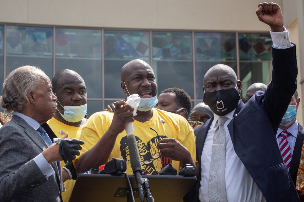 Philonise Floyd, brother of George Floyd, gets emotional while speaking during the public viewing for Floyd at The Fountain of Praise church in Houston