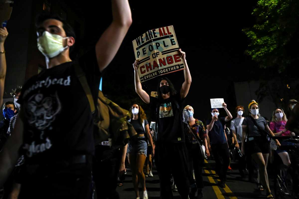 Protest against racial inequality in aftermath of death in Minneapolis police custody of George Floyd, in New York