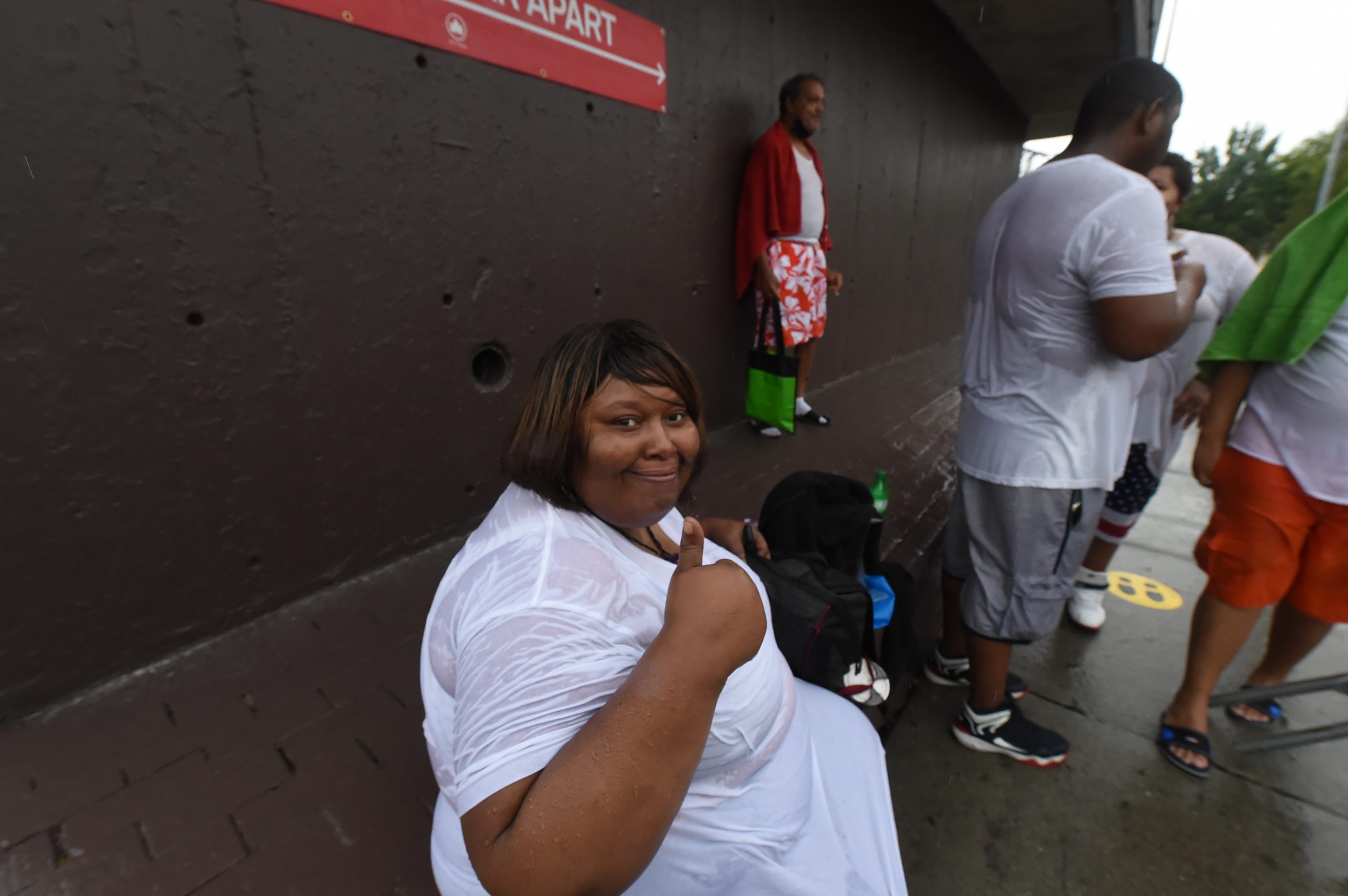 Eight New York City pools open, but rain kept crowds small and socially distant 2 Rachel Murray gives thumbs up