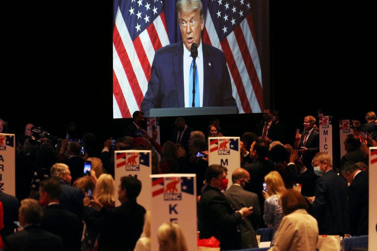U.S. President Donald Trump speaks to delegates in the Charlotte Convention Center’s Richardson Ballroom in Charlotte