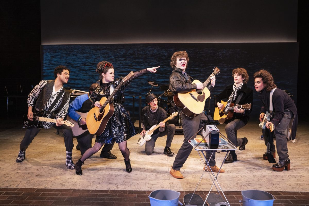 Jakeim Hart, Max William Bartos, Zara Devlin, Sam Poon, Brenock O’Connor, Brendan C. Callahan & Gian Perez in SING STREET at New York Theatre Workshop, Photo by Matthew Murphy