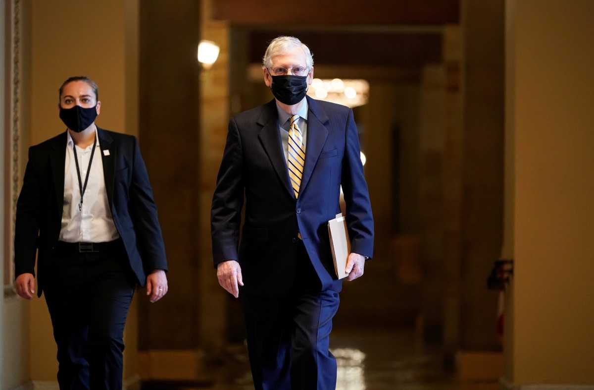 Senate Majority Leader Mitch McConnell (R-KY) arrives on Capitol Hill in Washington