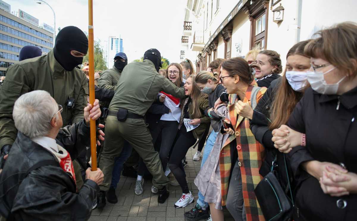 Women take part in a rally against police brutality following protests to reject the presidential election results in Minsk