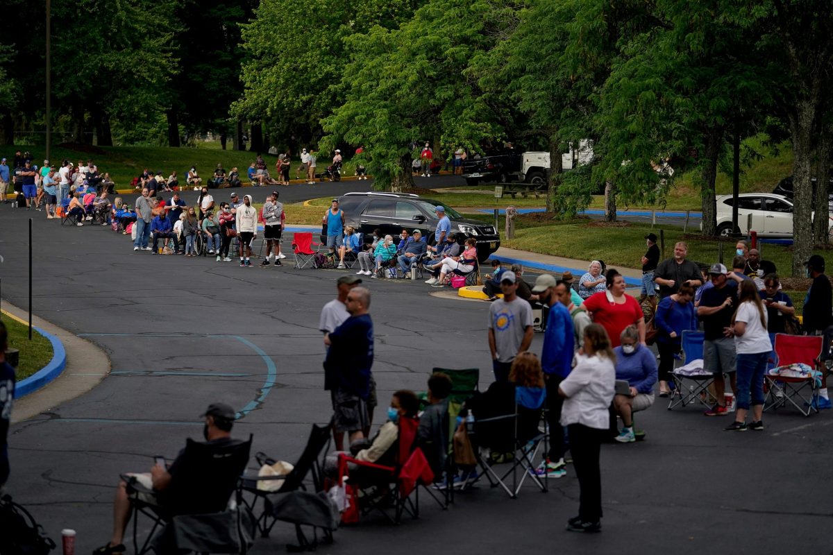 FILE PHOTO: People  wait outside Kentucky Career Center in Frankfort