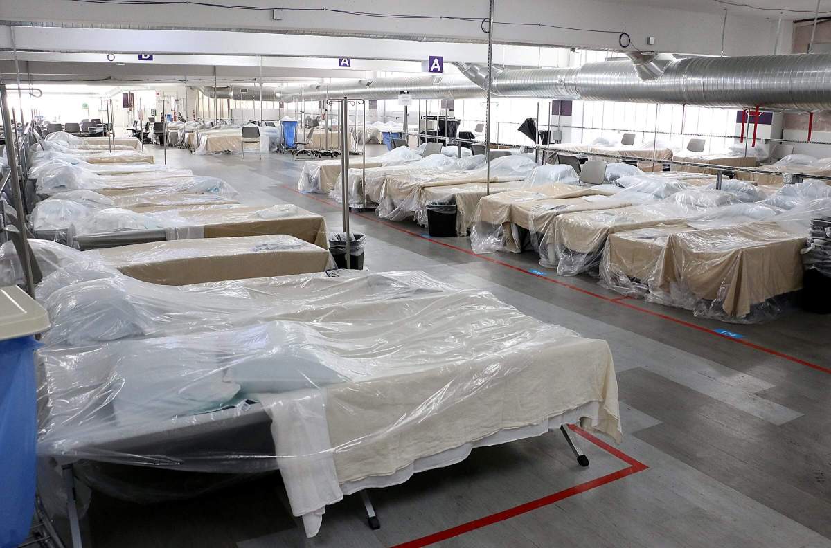 Back-up hospital beds are seen in the parking garage at the Renown Regional Medical Center