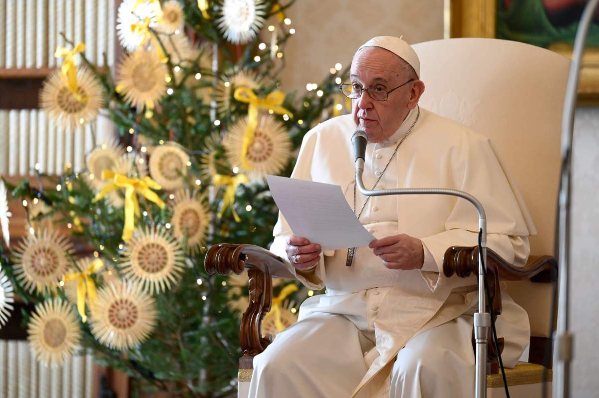 FILE PHOTO: Pope Francis holds the weekly general audience at the Library of the Apostolic Palace at the Vatican December 16, 2020.