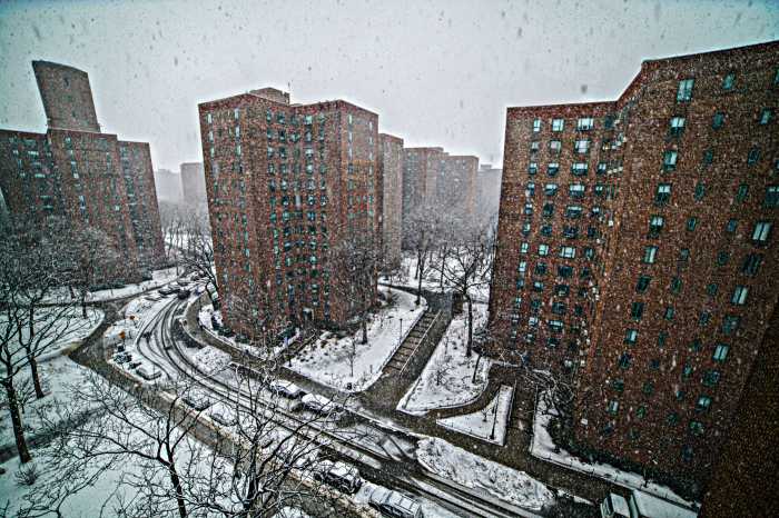 Snow falls in Stuyvesant Town.