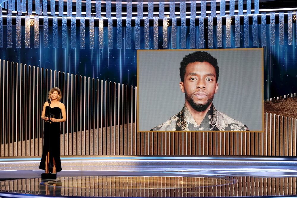 ATTENTION EDITORS – THIS IMAGE HAS BEEN SUPPLIED BY A THIRD PARTY. NO RESALES. NO ARCHIVES.Renee Zellweger announces the late Chadwick Boseman as winner of the Best Actor – Motion Picture Drama award for “Ma Rainey’s Black Bottom” in this handout photo from the 78th Annual Golden Globe Awards in Beverly Hills