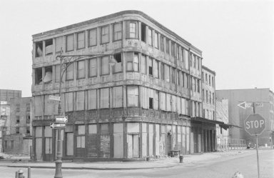 Bogardus Building on northwest corner of Washington and Murray Streets, being prepared for demolition to make way for Washington Market Urban Renewal