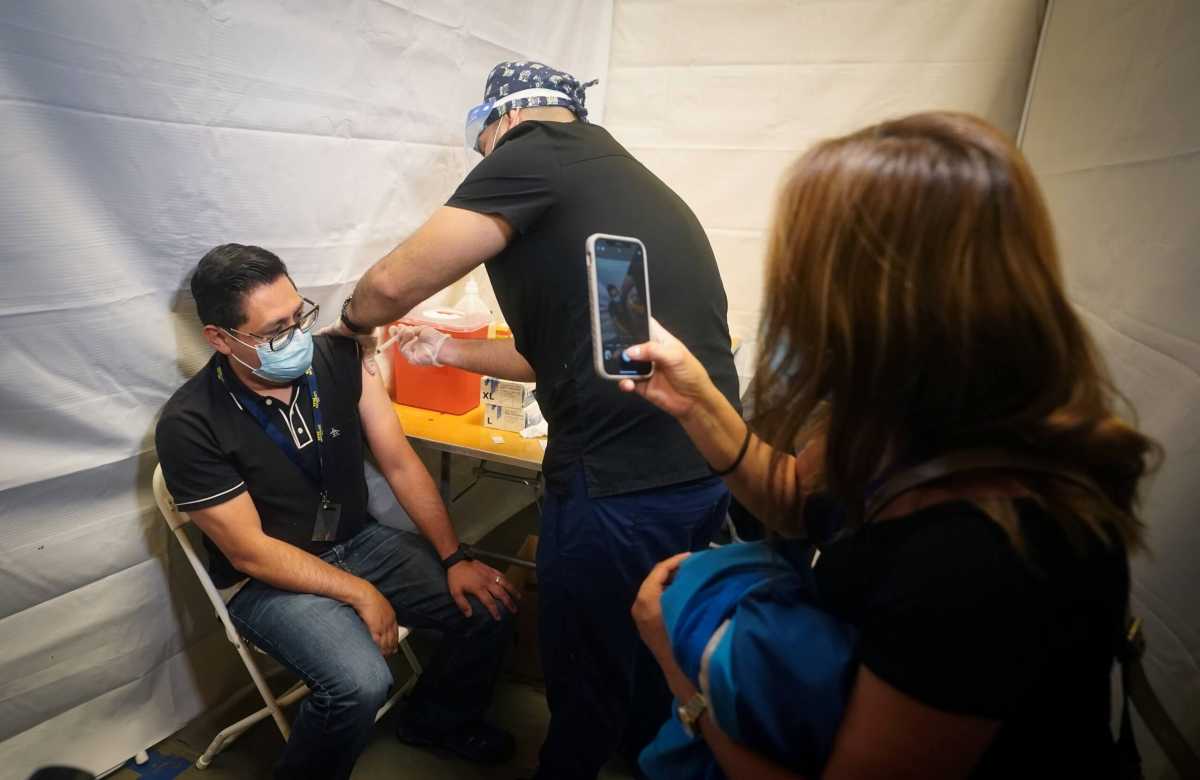 Couple receives free vaccinations for the coronavirus disease (COVID-19) at Grand Central Station Train station in New York