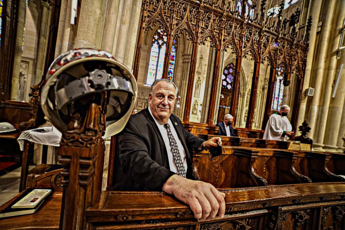 Hard hat memorial: Construction workers remembered during annual mass at St. Patrick's Cathedral 5 Gary LaBarbera, President of the Building and Construction Trades Council of Greater New York pays his respects by hanging his hat on the pew