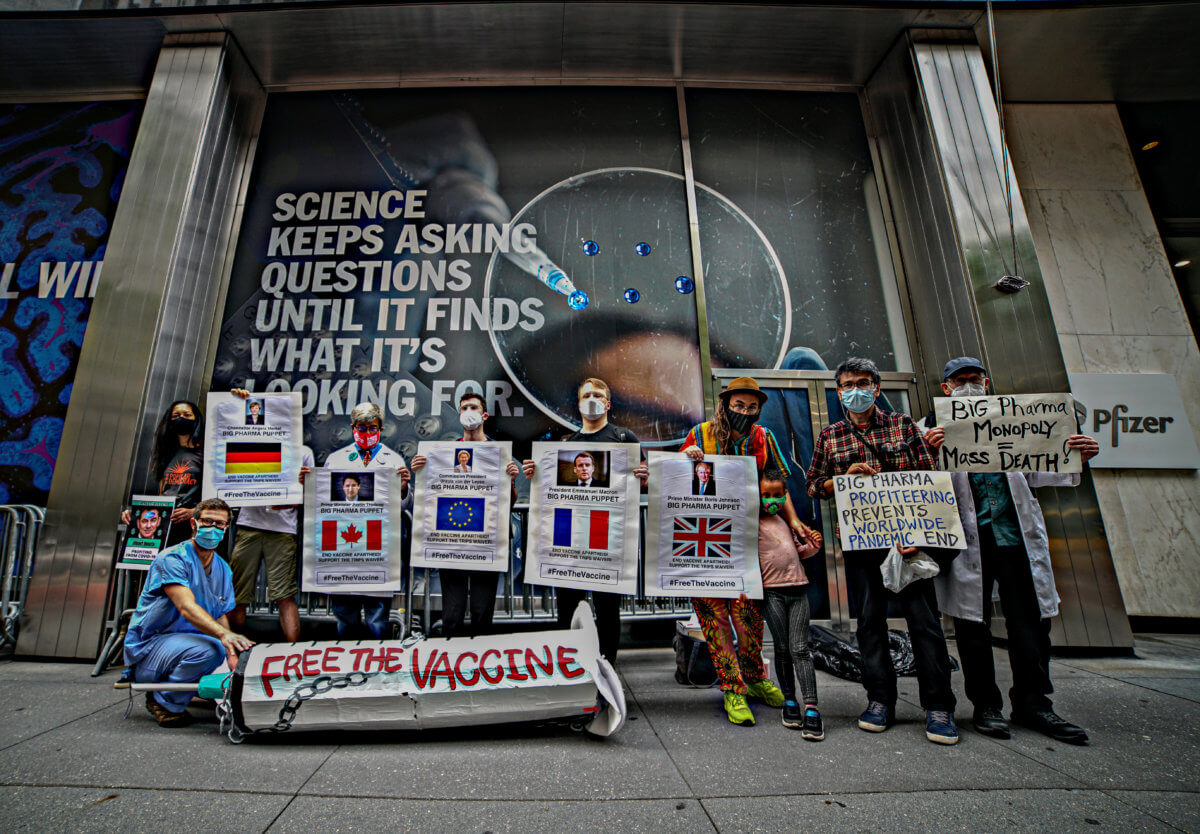 Free the vaccine: Protesters rally outside of Pfizer World Headquarters in Midtown 6