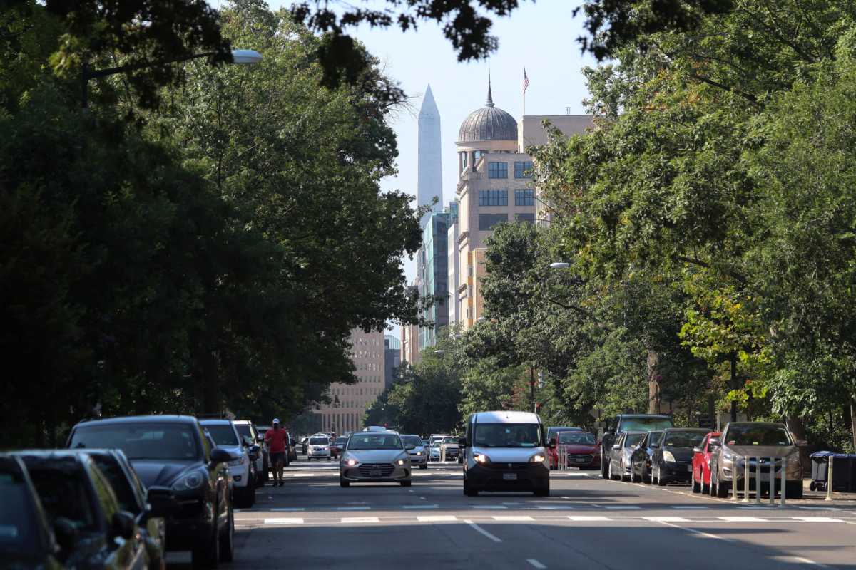 Cars pass along 15th street amid the coronavirus disease (COVID-19) outbreak in Washington