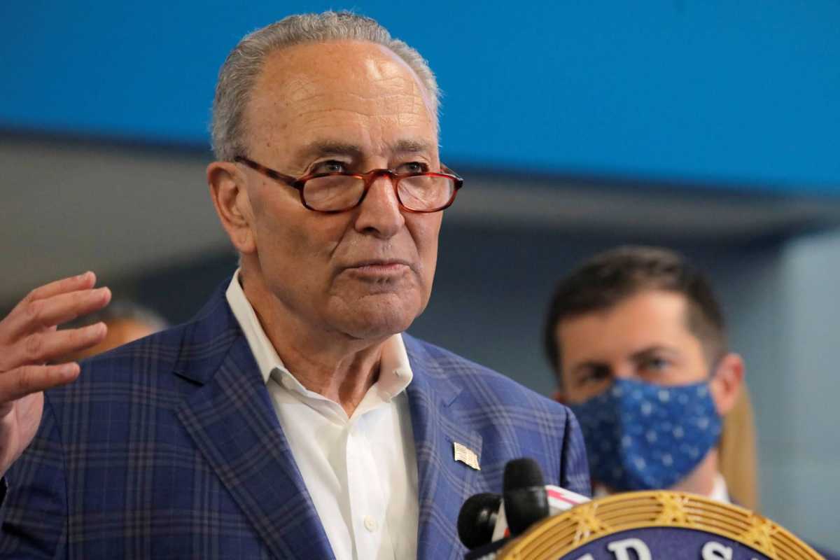 Senate Majority Leader Chuck Schumer (D-NY) and U.S. Transportation Secretary Pete Buttigieg address media regarding a funding announcement for the Gateway Tunnel project in New York City, New York