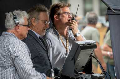 U.S. film director Spielberg works on the set of a film outside the New York State Supreme Courthouse in New York