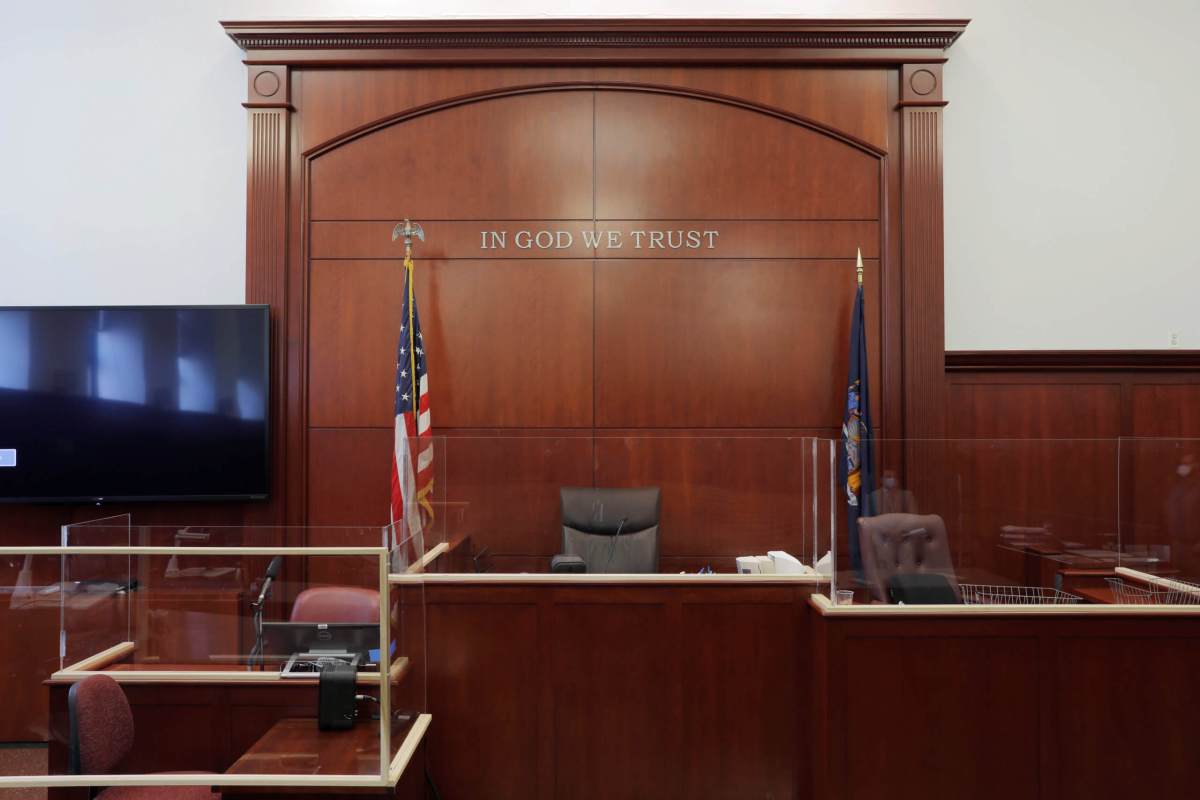 The judge’s bench is seen behind plexiglass, due to the outbreak of the coronavirus disease (COVID-19), at the New York State Supreme Court in Manhattan, New York City