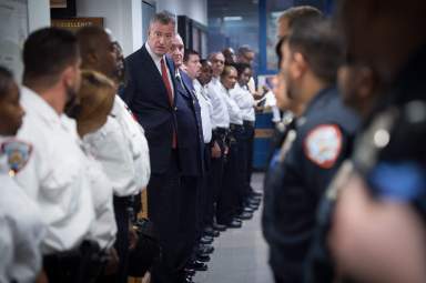 Mayor Bill de Blasio and Department Correction Commissioner Joseph Ponte tour Rikers Island where he met with Correction Officers and held a press conference