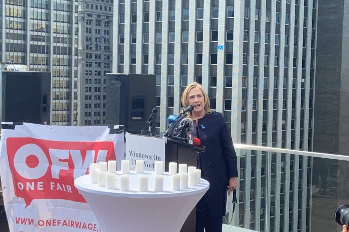 World Trade Center restaurant workers call for fair wages on 9/11 anniversary 3 Former Secretary of State Hillary Clinton speaks at One Fair Wage's event honoring Windows on the World workers