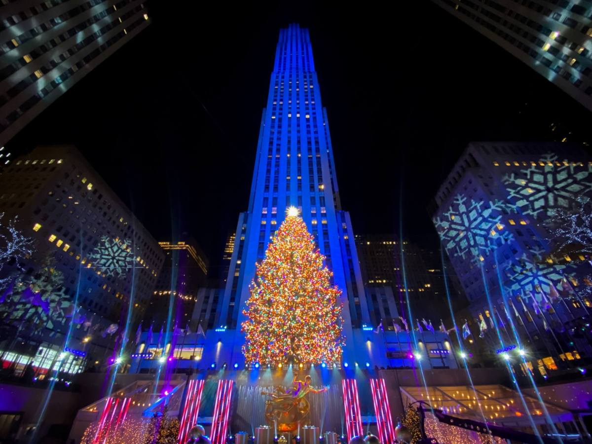 The Christmas tree is lit at Rockefeller Center in the Manhattan borough of New York City, New York