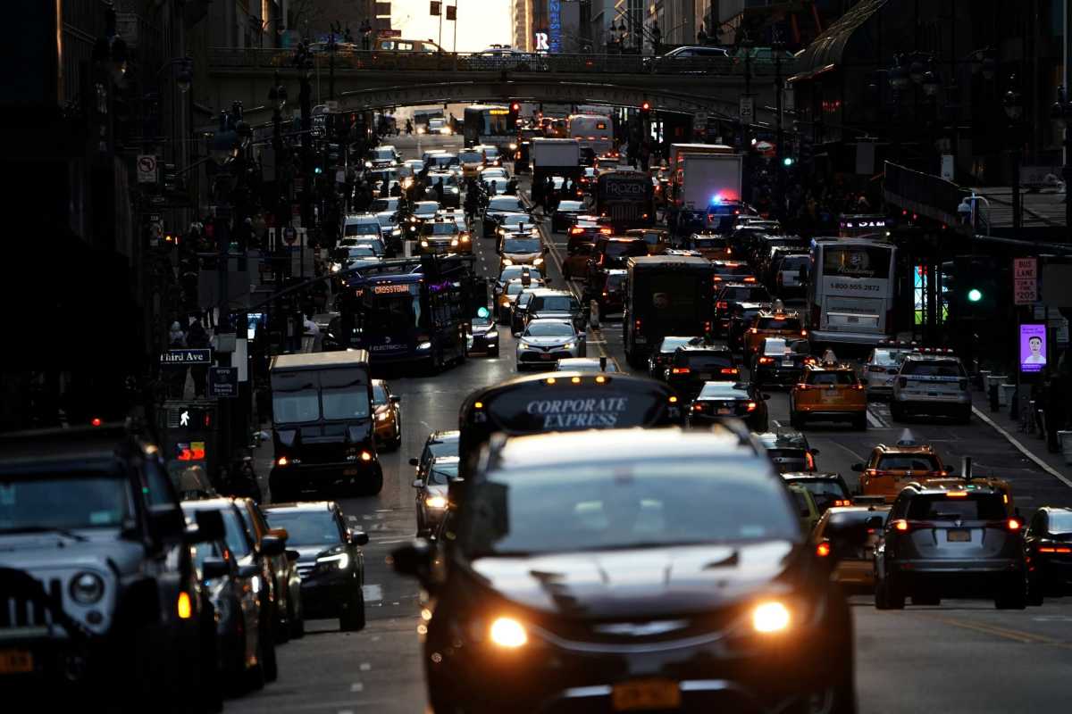 FILE PHOTO: Traffic is pictured at twilight along 42nd St. in Manhattan