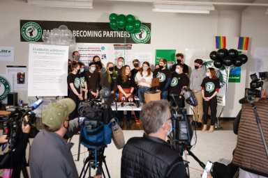Starbucks workers speak to the media after union vote in Buffalo, New York