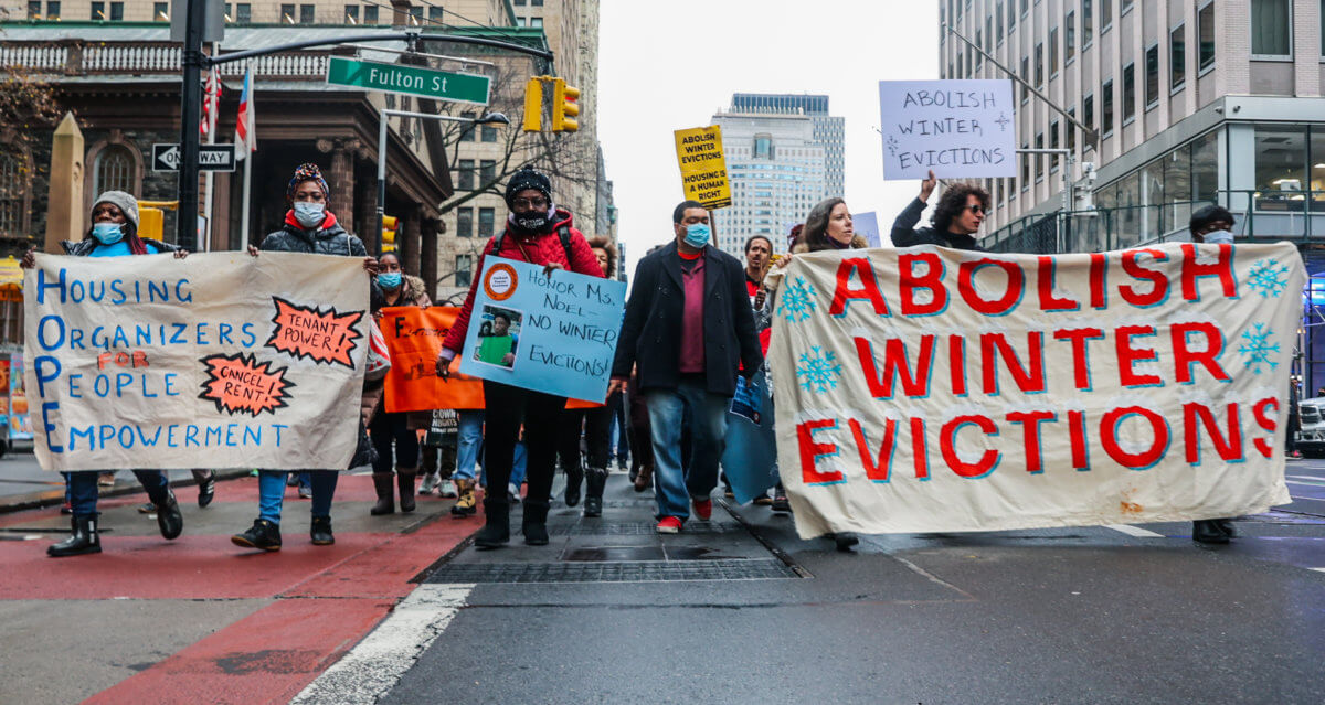 Protesters march through Lower Manhattan calling for an end to winter evictions 8