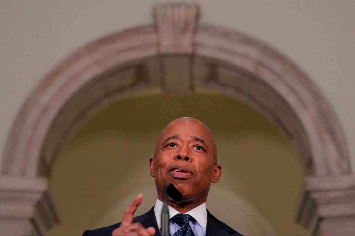 FILE PHOTO: New York Mayor Eric Adams speaks during a news conference at City Hall in New York