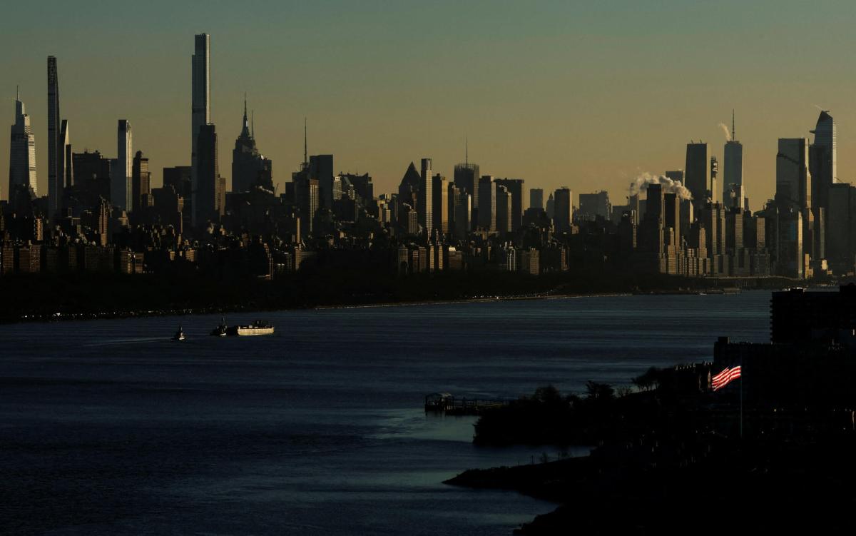 Manhattan skyline across the Hudson river during very cold weather in New York