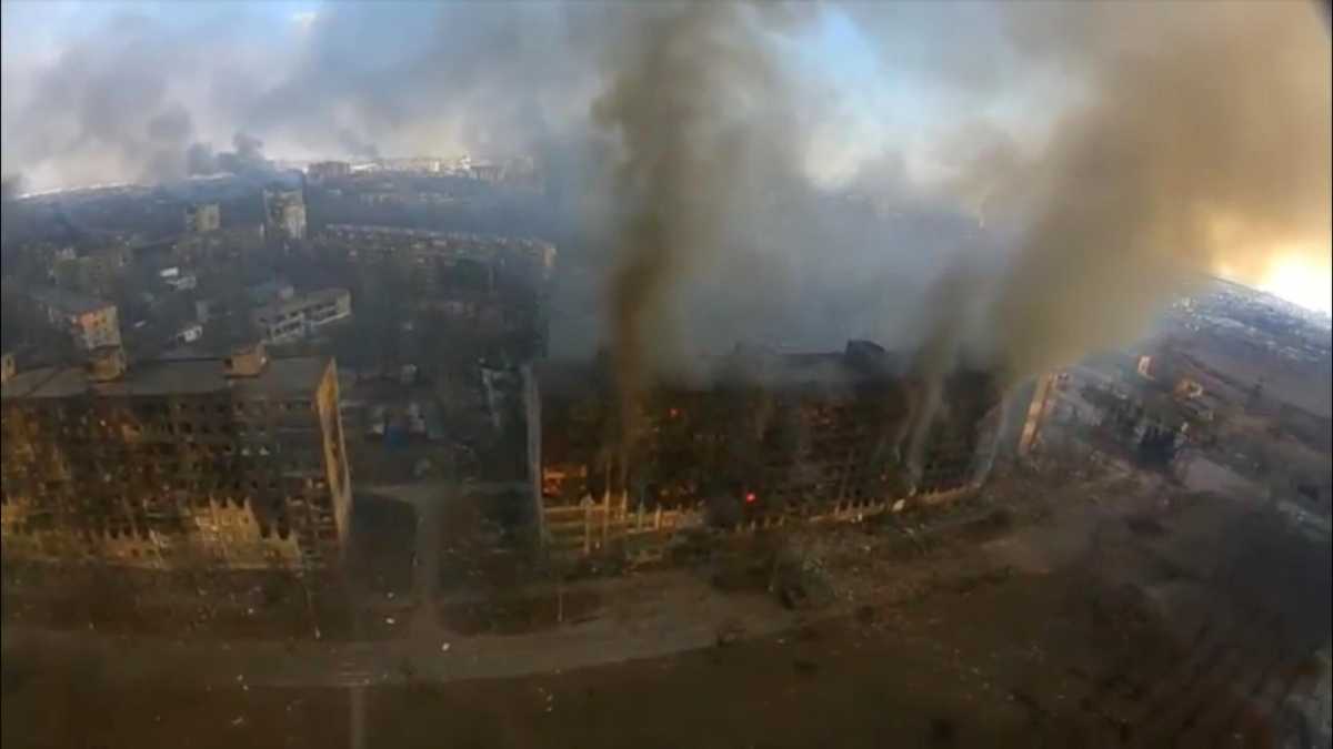 Still image from drone footage shows destruction across Mariupol