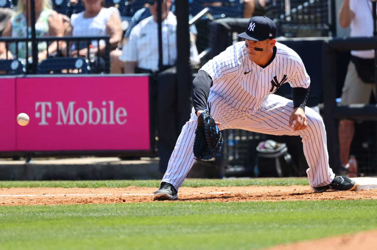 Sign-stealing Yankees outfielder Joey Gallo catches a ball at first during the third inning against the Detroit Tigers.