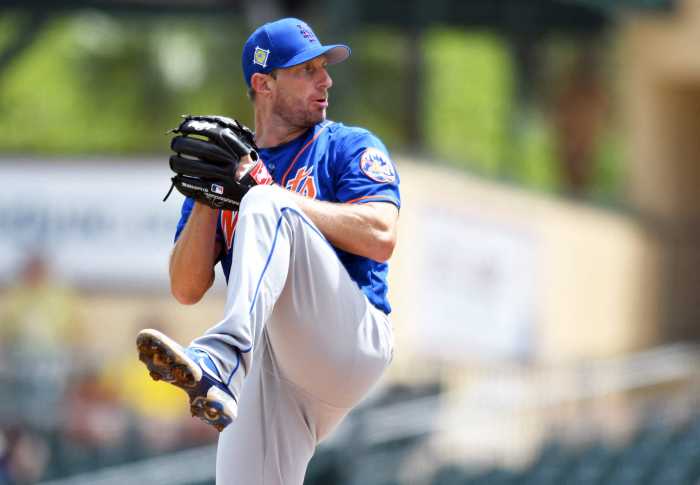 Max Scherzer throws a pitch against the Miami Marlins during spring training.