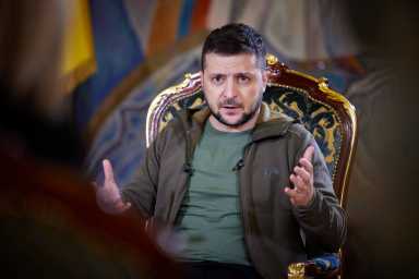 Ukraine’s President Volodymyr Zelenskiy attends an interview with the media in Kyiv