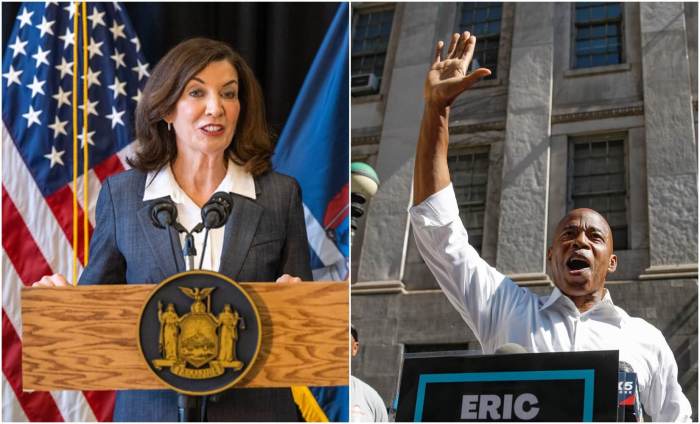 Governor Kathy Hochul (left) and Mayor Eric Adams (right) celebrated the end of the MLB lockout on Thursday.