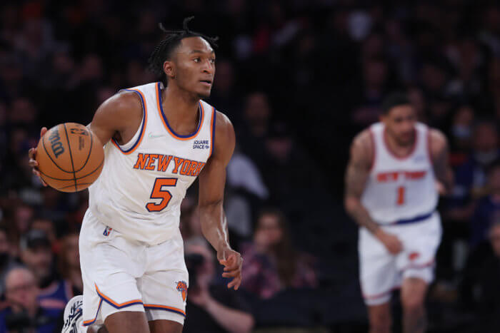 Knicks will need more from their bench as series heads to Miami for Game 3 2 Knicks guard Immanuel Quickley dribbles up court during the second half against the Toronto Raptors
