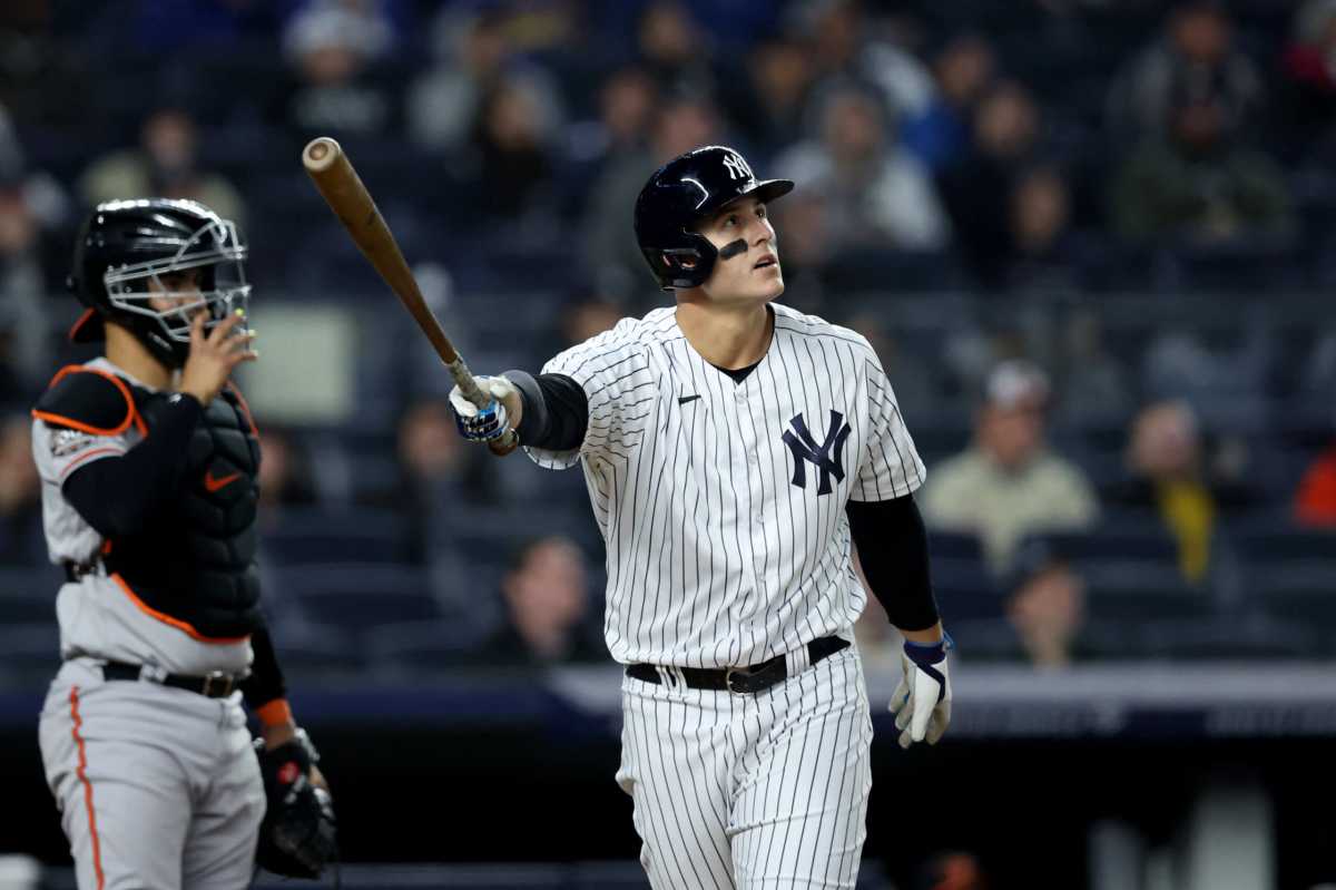Yankees first baseman Anthony Rizzo follows through on a two run home run against the Baltimore Orioles during the fifth inning.