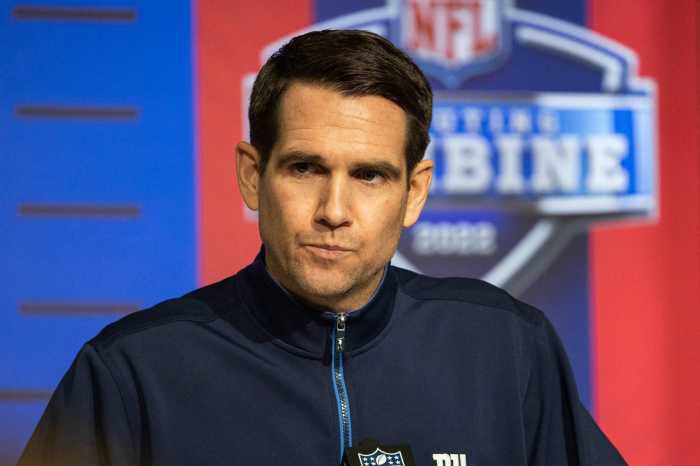 Giants general manager Joe Schoen talks to the media during the 2022 NFL Combine.