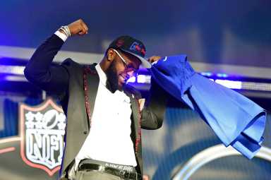 Kayvon Thibodeaux reacts after being selected as the 5th overall pick to the New York Giants.