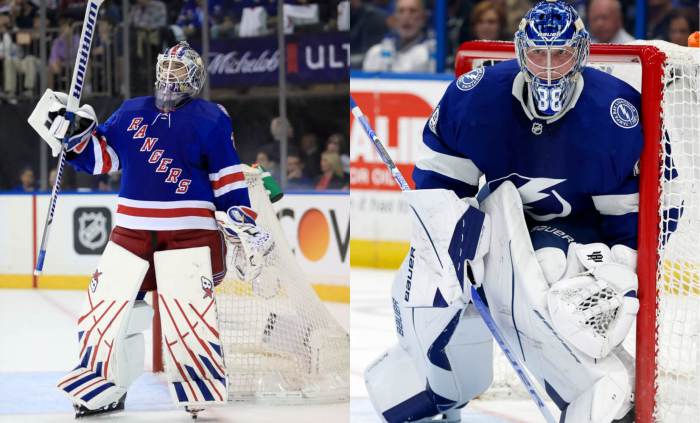 Rangers goalie Igor Shesterkin (left) and Lightning goalie Andrei Vasilevskiy (right).