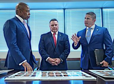 Mayor Eric Adams was shown four large boards spread across two tables on June 6, each one illustrating faces of alleged dangerous gang members.
