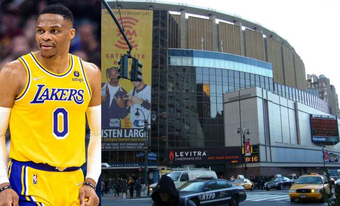 The Knicks have engaged in trade talks with the Lakers surrounding guard Russell Westbrook (left).