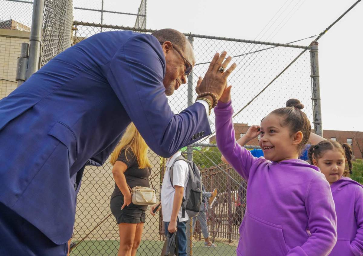 Chancellor Banks welcomes students back to school at P.S 161 in the South Bronx.