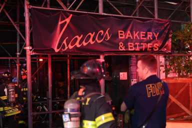 The scene of the fire at Isaacs Bakery and Bites in Brooklyn
