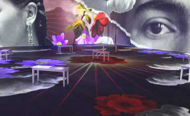 A room from Frida Kahlo, the Immersive Biography, showing video and images on the walls.