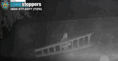 This suspect is shown on video bringing a ladder to a Greek Orthodox church in Brooklyn to deface the property.