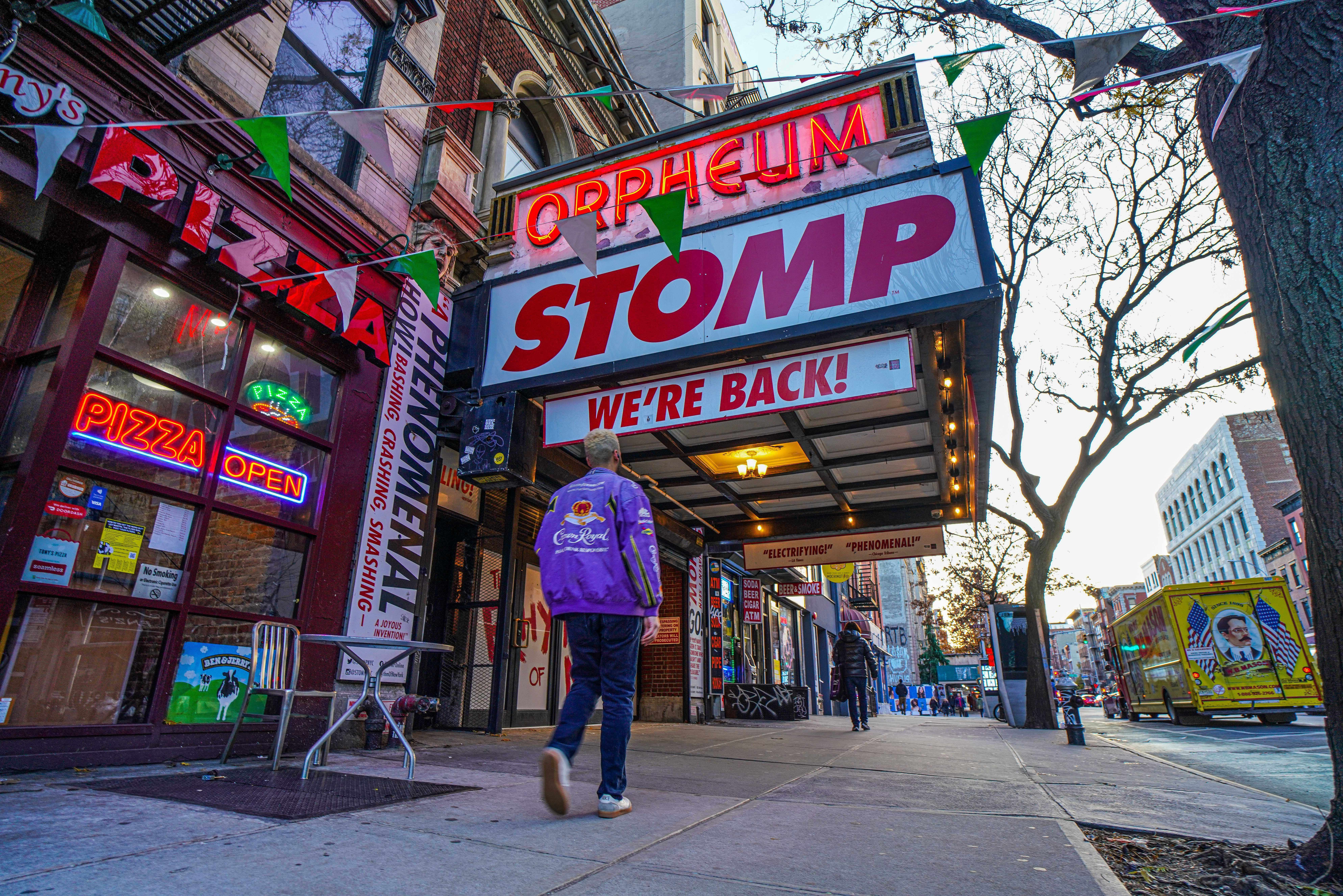 'Nobody wants to admit that they’re not selling tickets': Manhattan's theaters and entertainment venues are still struggling 7 stomp on broadway theater sign