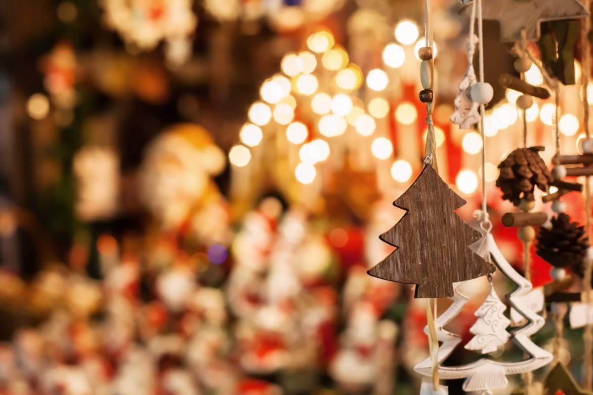 christmas decoration tree in the shop, winter market in Europe